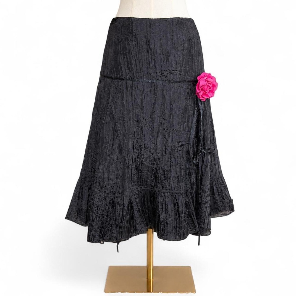 Y2K Black Crinkle Wrap Midi Skirt with Rose Detail